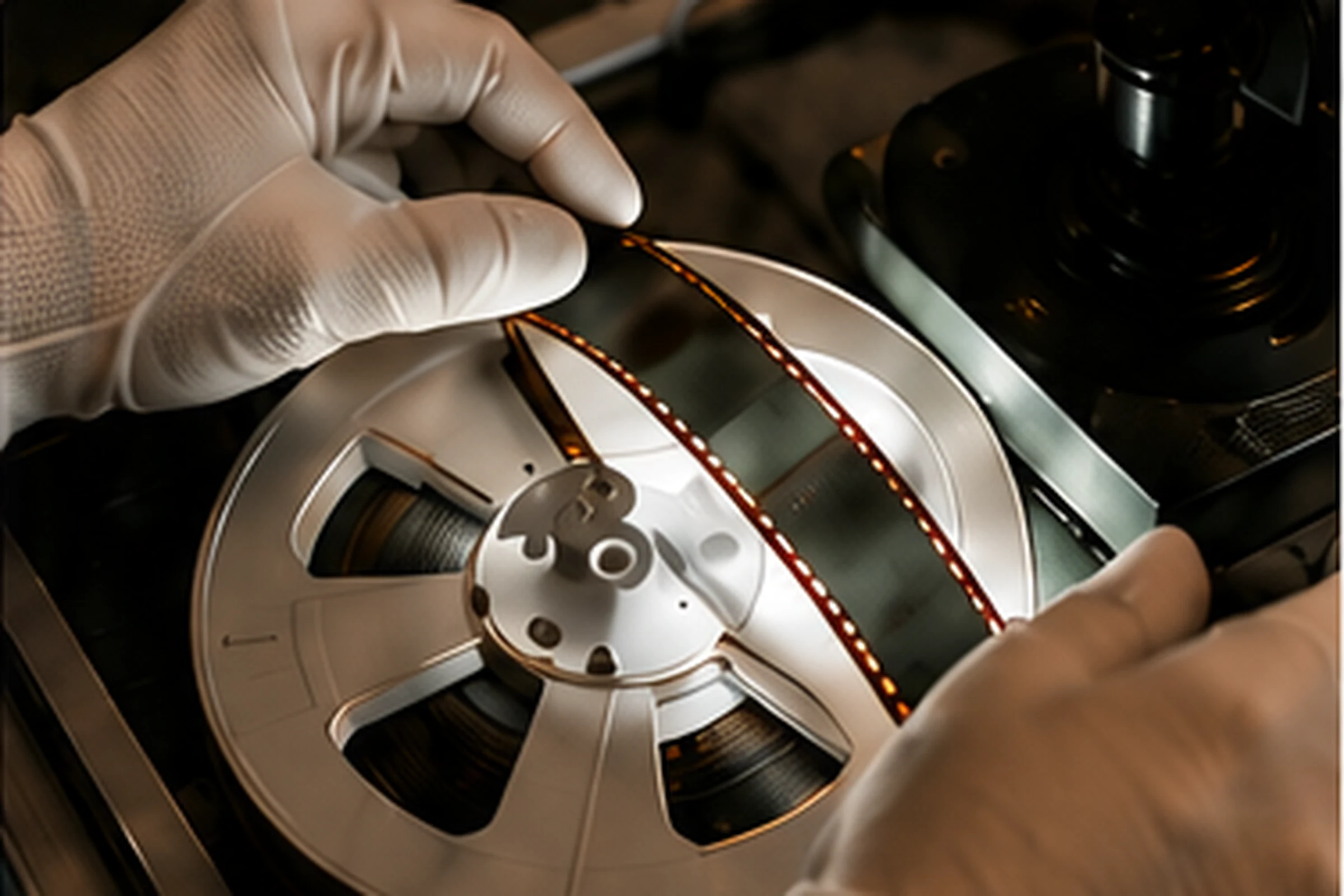Dłonie w białych rękawiczkach trzymają szpulę filmu podczas digitalizacji.
