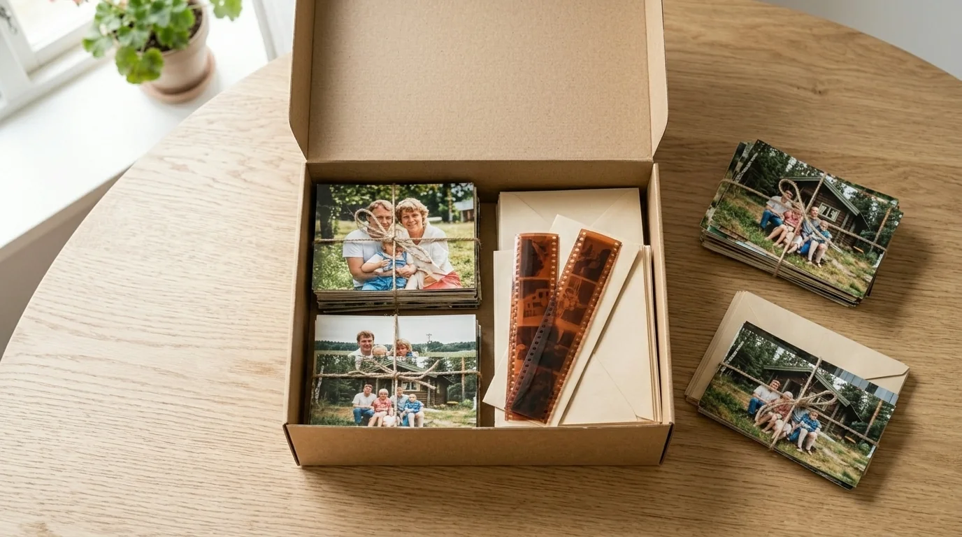 Otwarte pudełko ze starymi odbitkami, kopertami i kolorowymi negatywami na jasnym drewnianym stole