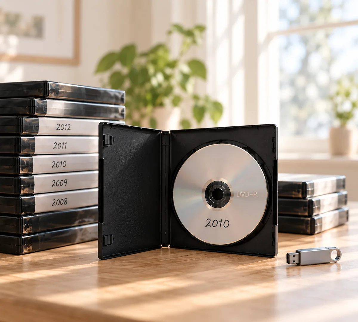 Otwarte pudełko DVD z samodzielnie nagraną płytą opisaną 2010, obok stos pudełek DVD opisanych latami i pendrive