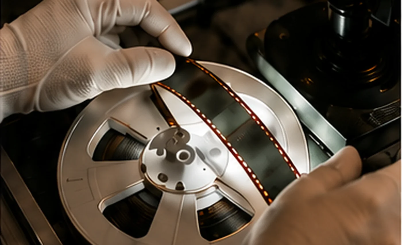 Dłonie w rękawiczkach ochronnych trzymają szpulę filmu podczas digitalizacji.